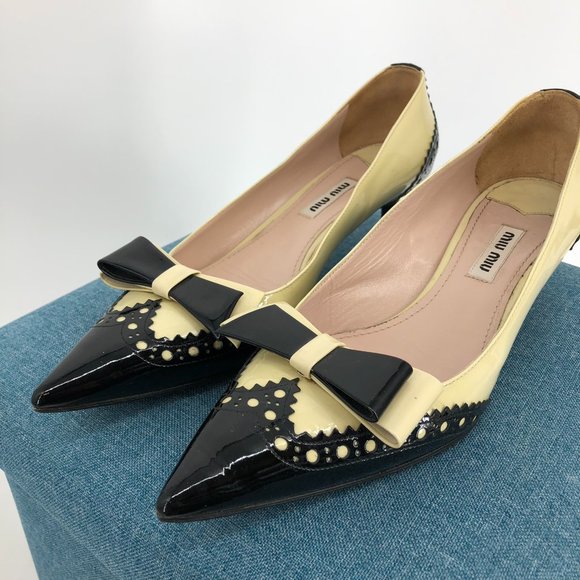 Miu Miu Two Tone Patent Leather Double Bow Pointed Toe kitten heels Size 6.5 - Picture 2 of 16